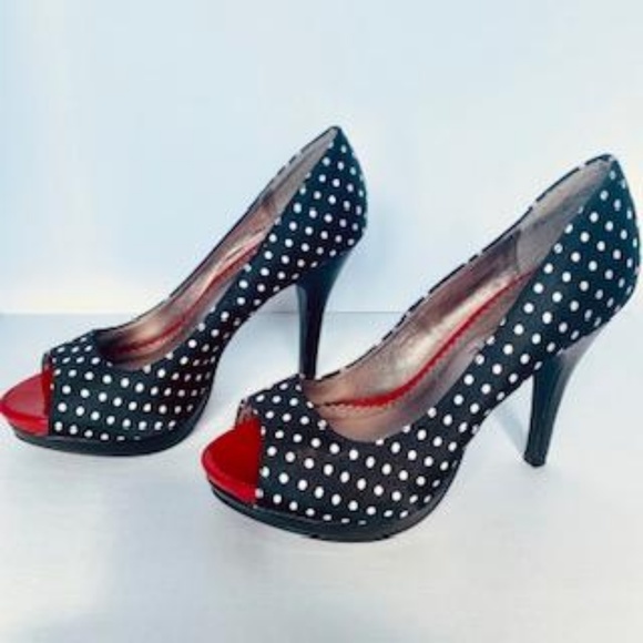 Rampage Black/White Polka Dot Platform Peep Toe - Picture 4 of 8